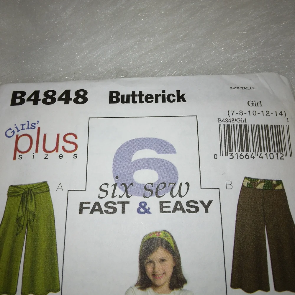 BUTTERICK B4848 Sz 7-14 Fast and Easy to Sew Gaucho Pants with variations